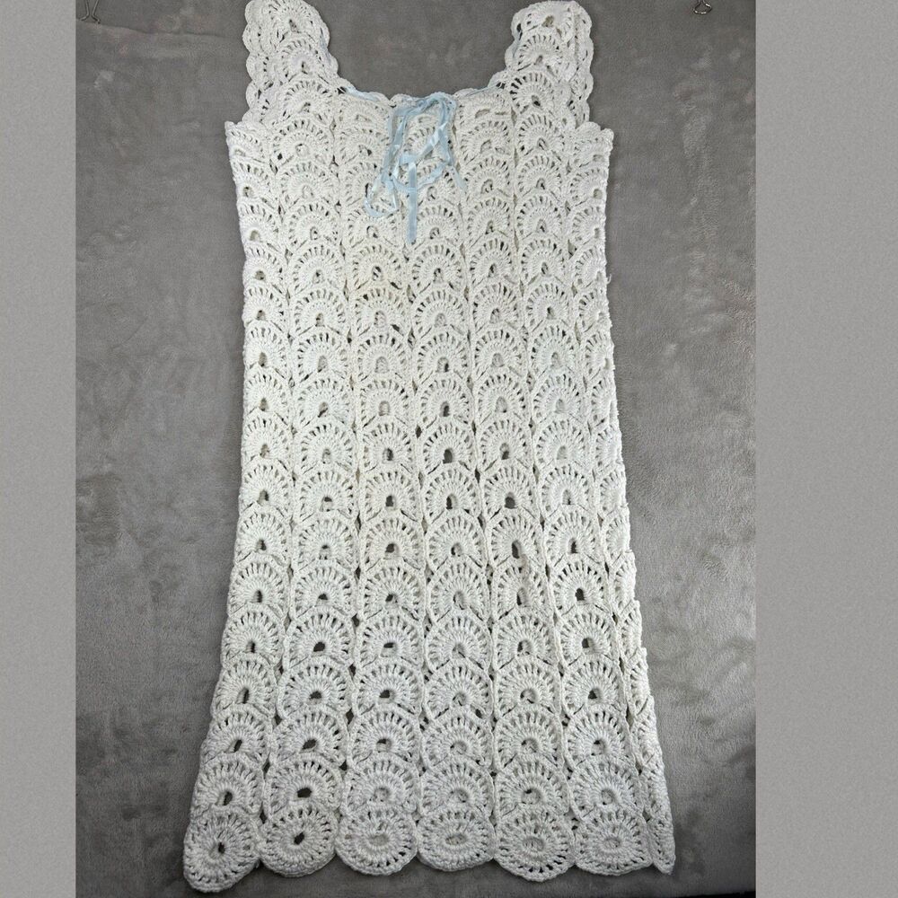 Handmade Crochet Dress S/M White Shell Sleeveless Beach Cover Up Boho Scalloped